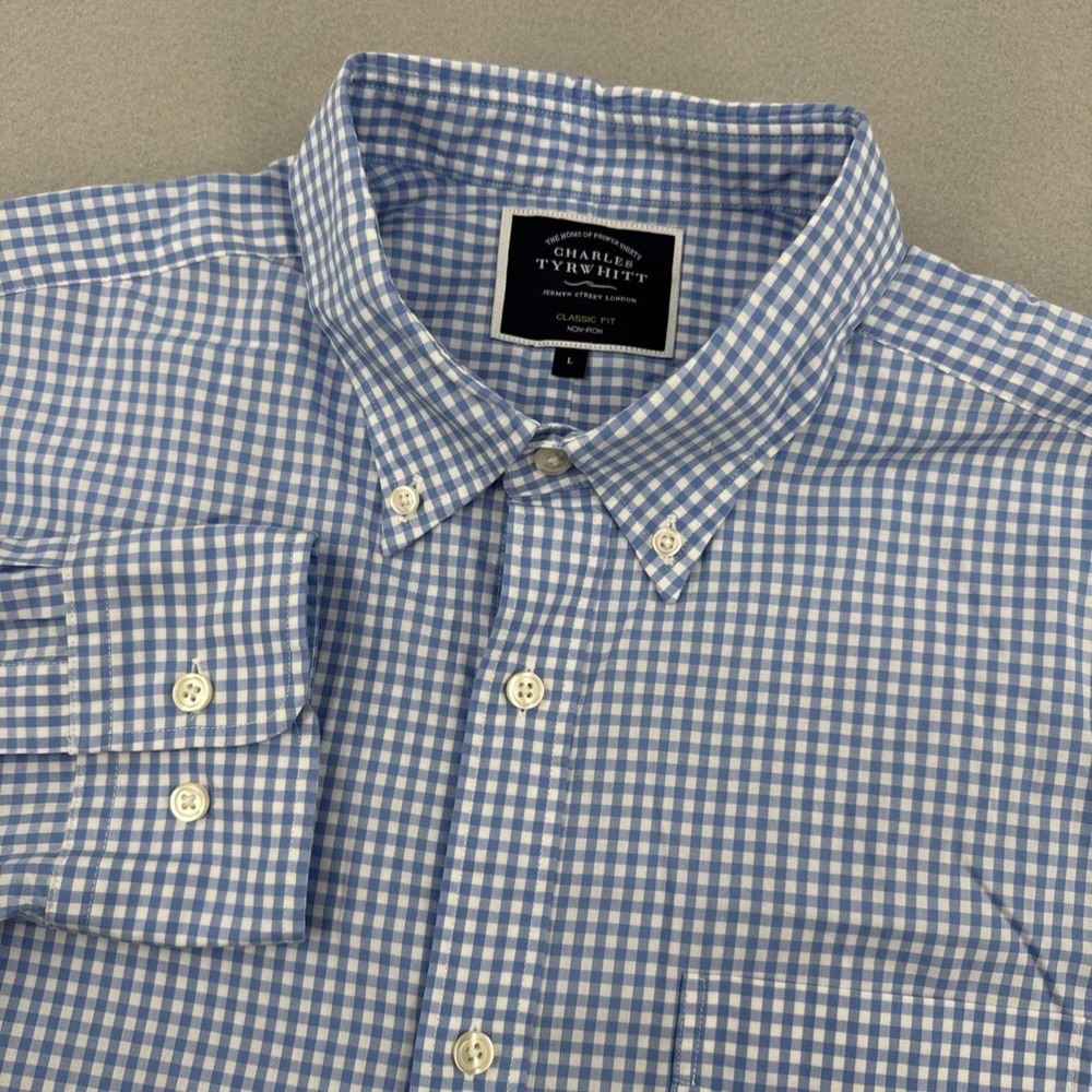 Charles Tyrwhitt Non-Iron Classic Fit Button Down Mens L Blue Check Gingham